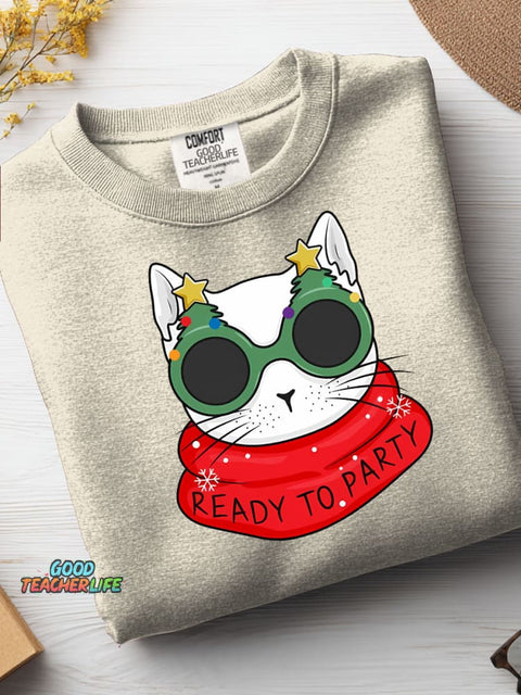 Christmas Cat Ready To Party Casual Sweatshirt