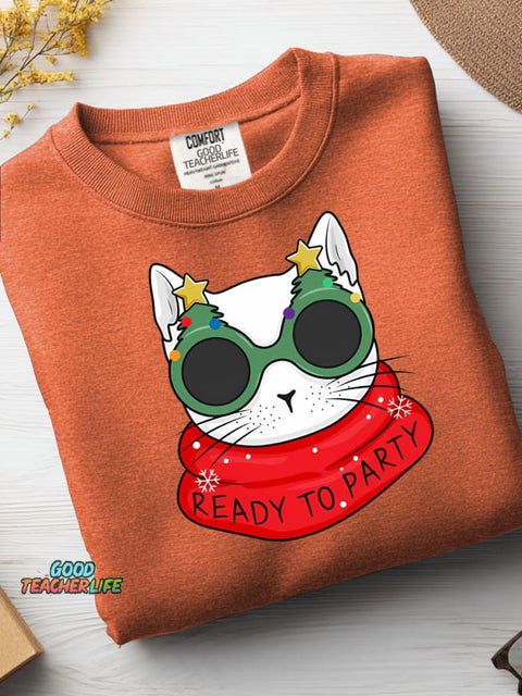 Christmas Cat Ready To Party Casual Sweatshirt