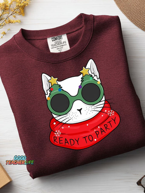 Christmas Cat Ready To Party Casual Sweatshirt