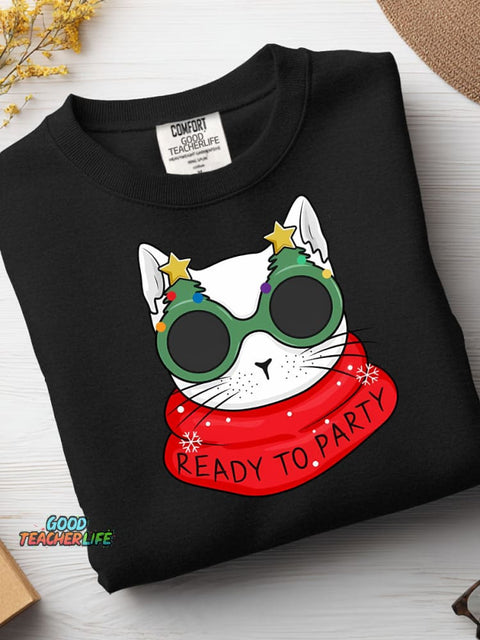 Christmas Cat Ready To Party Casual Sweatshirt