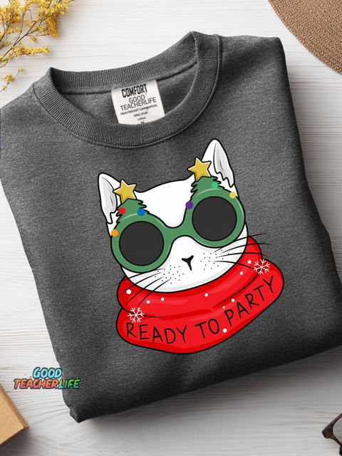 Christmas Cat Ready To Party Casual Sweatshirt