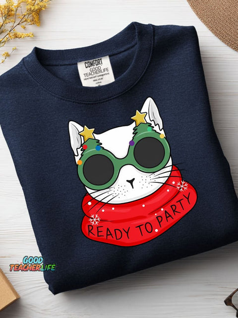 Christmas Cat Ready To Party Casual Sweatshirt