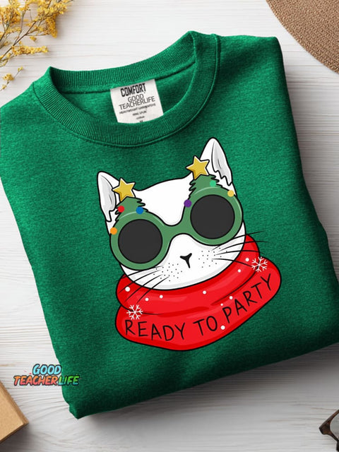 Christmas Cat Ready To Party Casual Sweatshirt