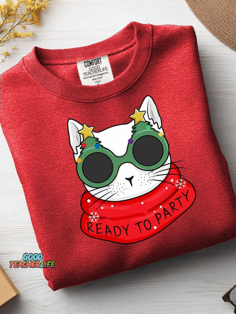 Christmas Cat Ready To Party Casual Sweatshirt