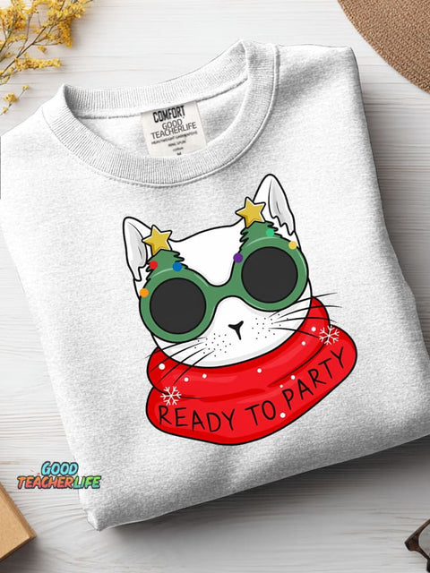 Christmas Cat Ready To Party Casual Sweatshirt