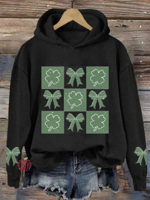 Women's Saint Patrick's Day Clover Bow Print Round Neck Long Sleeve Sweatshirt