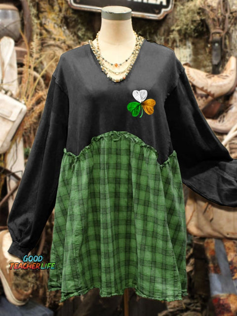 St. Patrick's Day Shamrock Art Print Plaid Stitching Sweatshirt