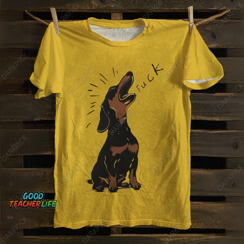 Brown Dachshund Yelling Fuck Print Cotton T-shirt