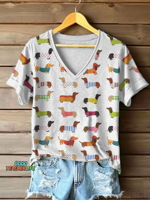Women's Funny Dachshund Art Print V-Neck T-Shirt