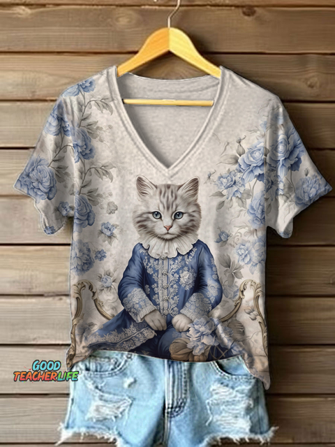 Women's Blue Floral Cat Print T-Shirt