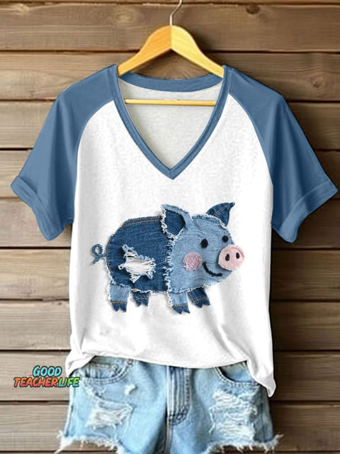 Women's Cute Pig Patchwork Art V-Neck T-Shirt