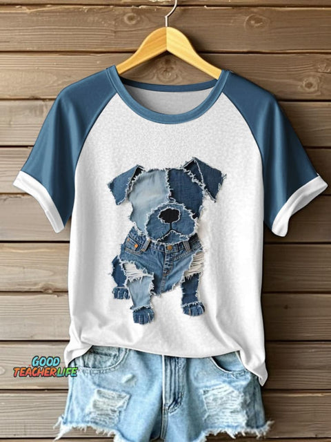 Women's Cute Dog Pattern Patchwork Art T-Shirt