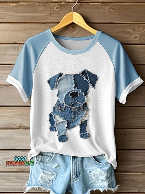 Women's Cute Dog Pattern Patchwork Art T-Shirt