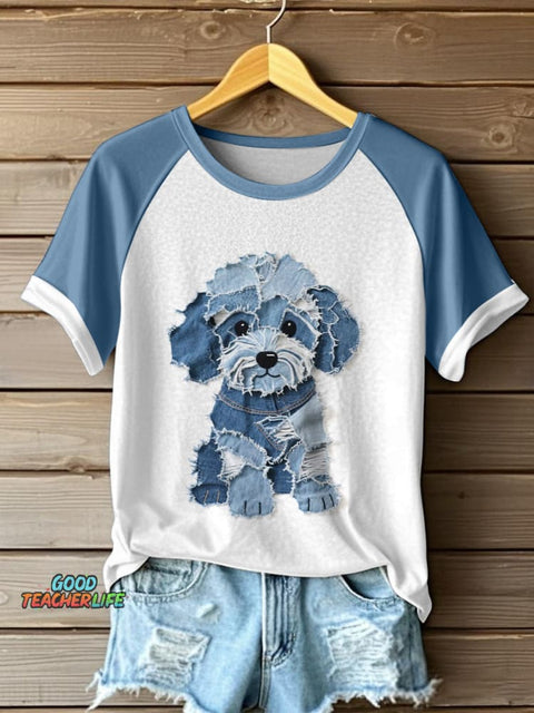 Women's Cute Dog Pattern Patchwork Art T-Shirt