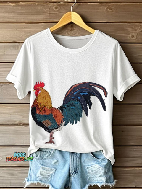 Women's Rooster Pattern Patchwork Art T-Shirt