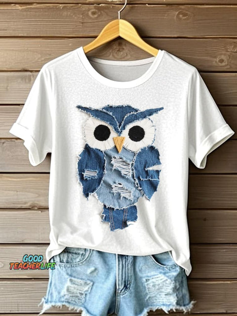 Women's Owl Pattern Patchwork Art Short Sleeve T-Shirt