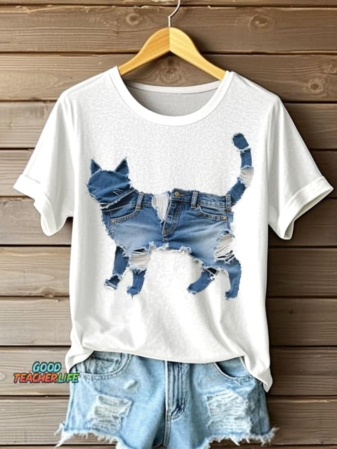 Women's Funny Cat Patchwork Art Short Sleeve T-Shirt