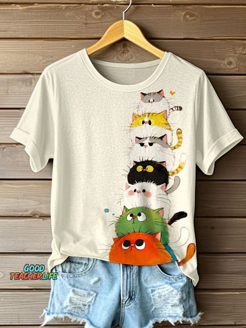 Women's Funny Cats Art Print Short Sleeve T-Shirt