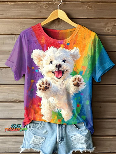Women's Cute Dog Oil Painting Art Short Sleeve T-Shirt