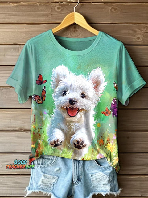 Women's Cute Dog Oil Painting Art Short Sleeve T-Shirt