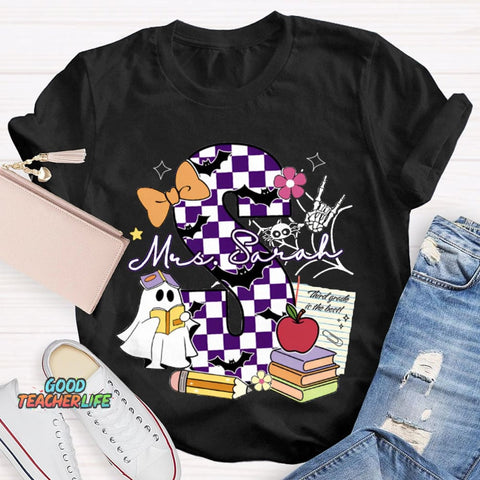 Personalized Name Checkered Font And Cute Little Ghost Halloween T-shirt