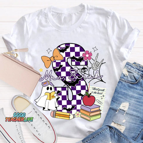 Personalized Name Checkered Font And Cute Little Ghost Halloween T-shirt