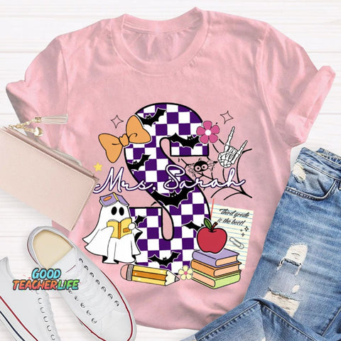 Personalized Name Checkered Font And Cute Little Ghost Halloween T-shirt