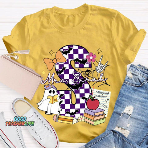 Personalized Name Checkered Font And Cute Little Ghost Halloween T-shirt