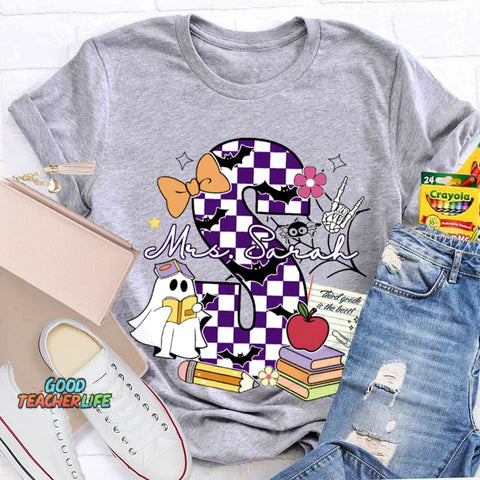 Personalized Name Checkered Font And Cute Little Ghost Halloween T-shirt