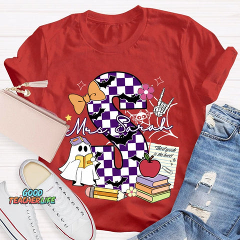 Personalized Name Checkered Font And Cute Little Ghost Halloween T-shirt
