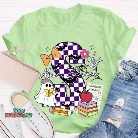 Personalized Name Checkered Font And Cute Little Ghost Halloween T-shirt