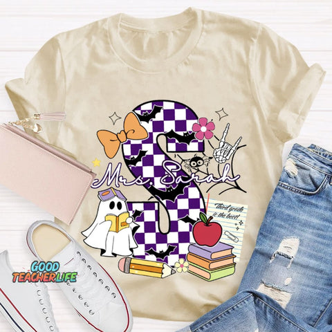 Personalized Name Checkered Font And Cute Little Ghost Halloween T-shirt