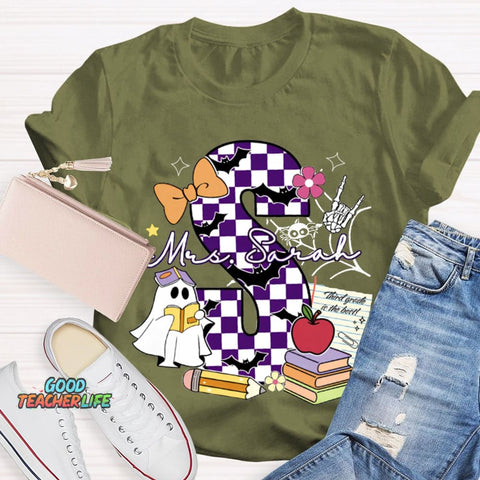 Personalized Name Checkered Font And Cute Little Ghost Halloween T-shirt