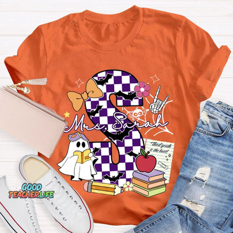 Personalized Name Checkered Font And Cute Little Ghost Halloween T-shirt