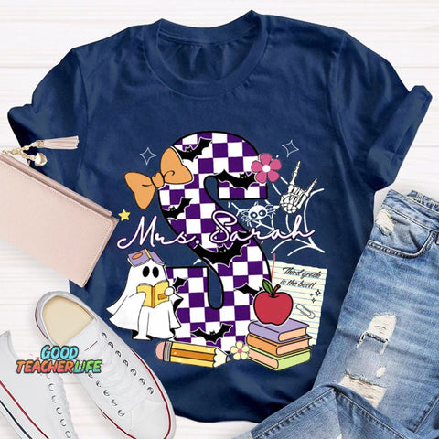 Personalized Name Checkered Font And Cute Little Ghost Halloween T-shirt