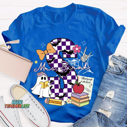 Personalized Name Checkered Font And Cute Little Ghost Halloween T-shirt