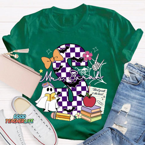 Personalized Name Checkered Font And Cute Little Ghost Halloween T-shirt