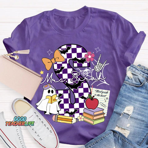 Personalized Name Checkered Font And Cute Little Ghost Halloween T-shirt