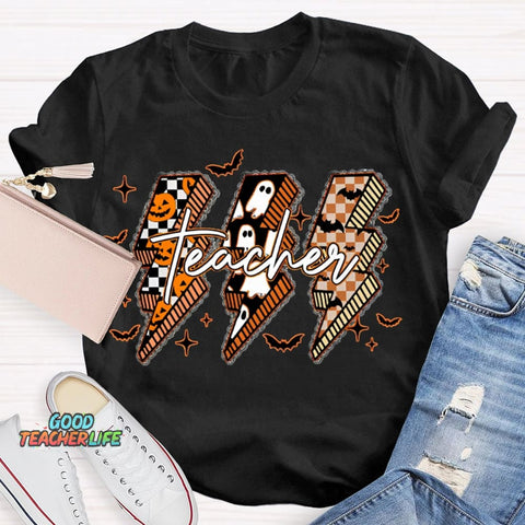 Pumpkin And Ghost Lightning Print Teacher Halloween T-shirt