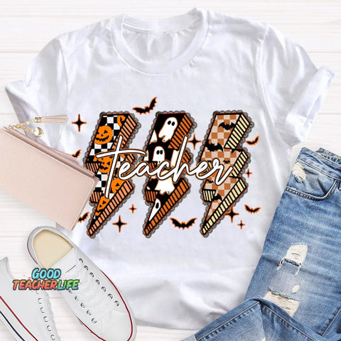 Pumpkin And Ghost Lightning Print Teacher Halloween T-shirt