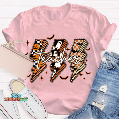 Pumpkin And Ghost Lightning Print Teacher Halloween T-shirt