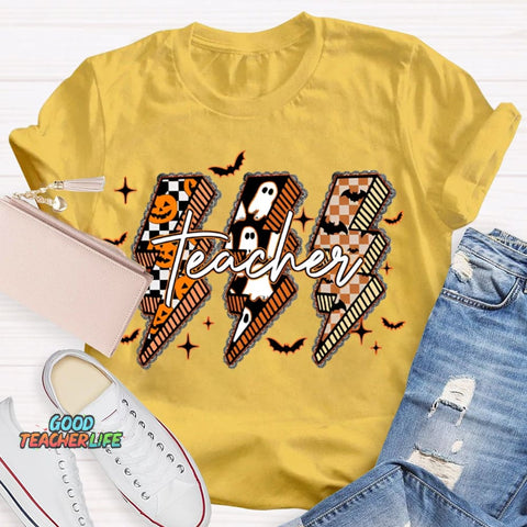 Pumpkin And Ghost Lightning Print Teacher Halloween T-shirt