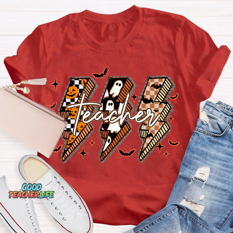 Pumpkin And Ghost Lightning Print Teacher Halloween T-shirt