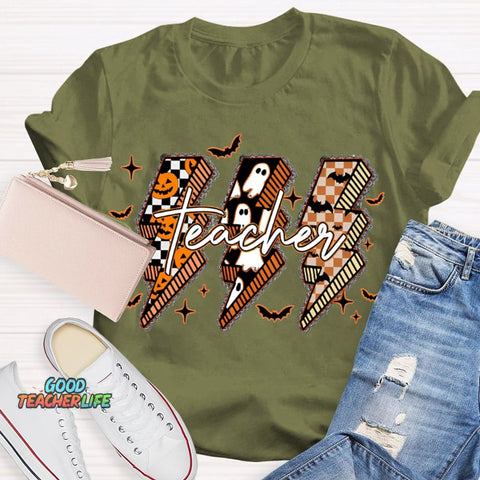 Pumpkin And Ghost Lightning Print Teacher Halloween T-shirt
