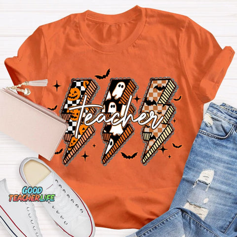 Pumpkin And Ghost Lightning Print Teacher Halloween T-shirt