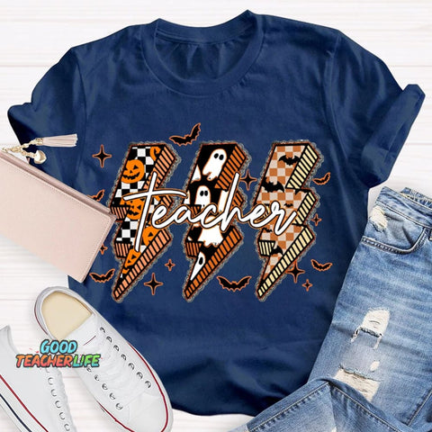 Pumpkin And Ghost Lightning Print Teacher Halloween T-shirt