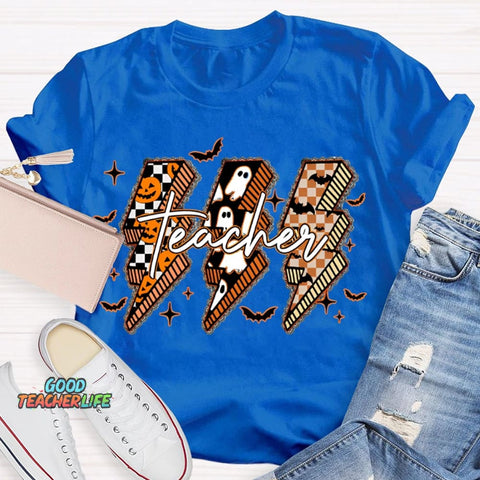 Pumpkin And Ghost Lightning Print Teacher Halloween T-shirt