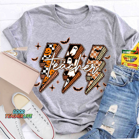 Pumpkin And Ghost Lightning Print Teacher Halloween T-shirt