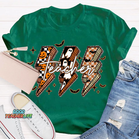 Pumpkin And Ghost Lightning Print Teacher Halloween T-shirt