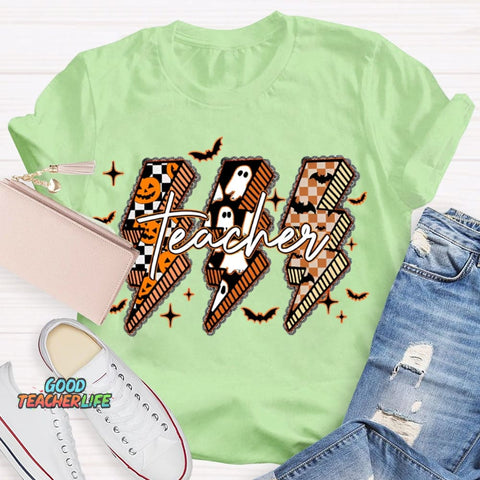 Pumpkin And Ghost Lightning Print Teacher Halloween T-shirt